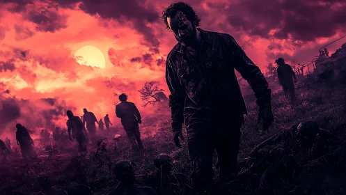 Cinematic zombie horde tableau under magenta apocalypse sky.