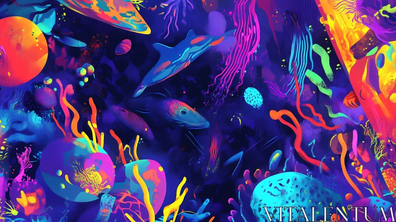 Neon-lit abstract reefscape renders bioluminescent aquatic forms