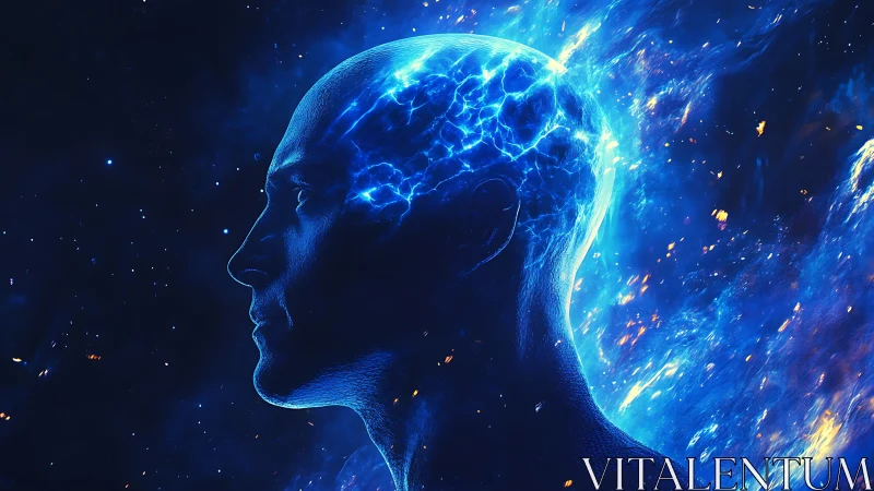 Electric blue human silhouette with cosmic neural energy.