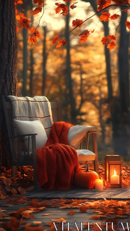 Cozy autumn chair glows with candlelight in a quiet forest