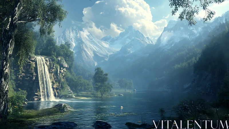 Peaceful mountain lake and waterfall wrapped in gentle light.