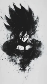 Monochrome anime warrior in explosive ink dispersion field.