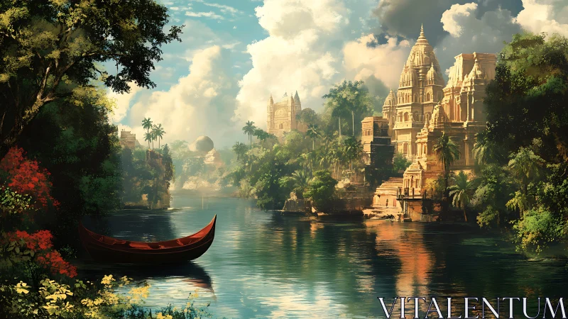 Riverside temple city with stepped ghats and moored red canoe