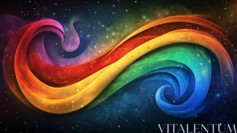 Vibrant rainbow energy waves swirl across deep space.