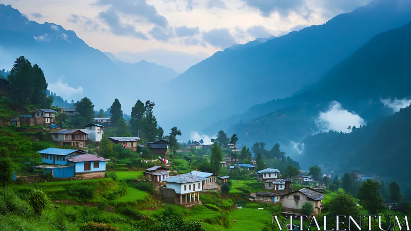 Misty mountain village over terraced green hills at dawn.