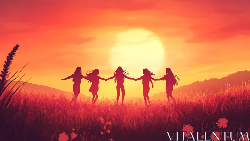 Girls Holding Hands in Field at Sunset, Vibrant Digital Art.
