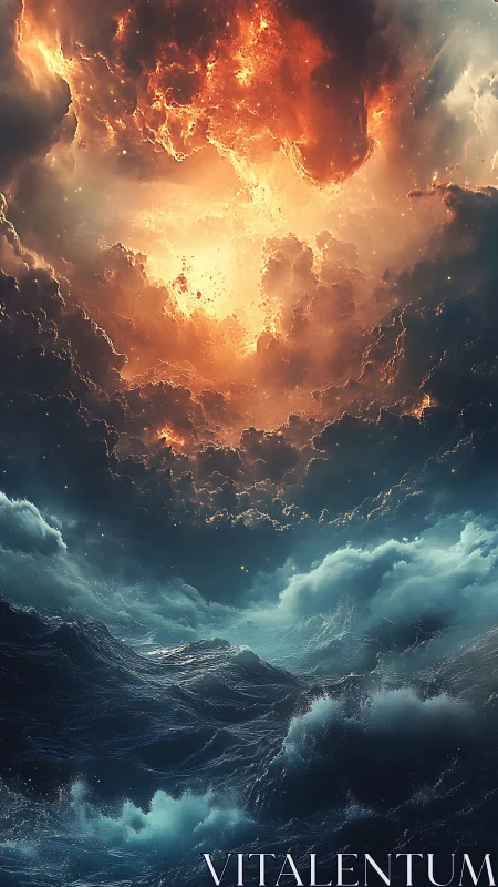 Fiery storm-torn sky roars above a dark, heaving ocean