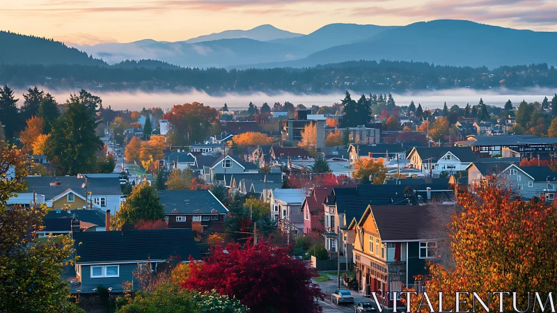 Autumn hillside neighborhood under layered mountain fog at dawn.