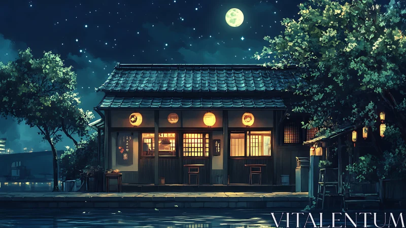 Moonlit riverside Japanese teahouse with lantern-lit fa&ccedil;ade