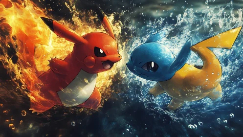 Elemental electric creatures clash in blazing fire and water