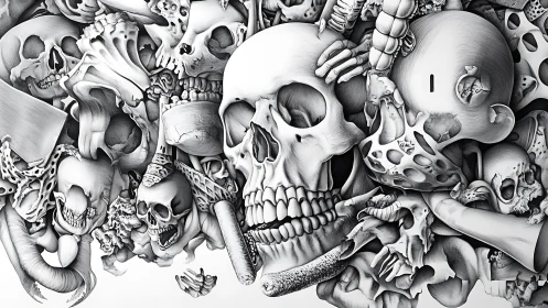 Dense anatomical skull cluster rendered in high contrast linework