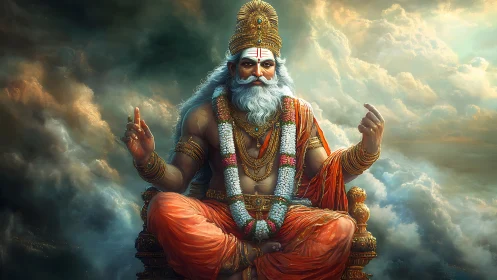 Mythic guru seated in luminous storm-sculpted cloudspace meditation.