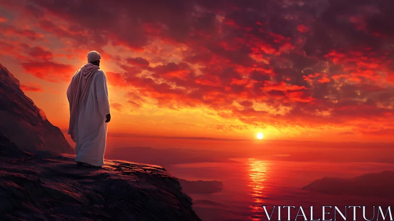 Solitary robed figure watching a blazing coastal sunset.