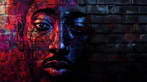 Neon sorrow seeps from a painted face across rough brick