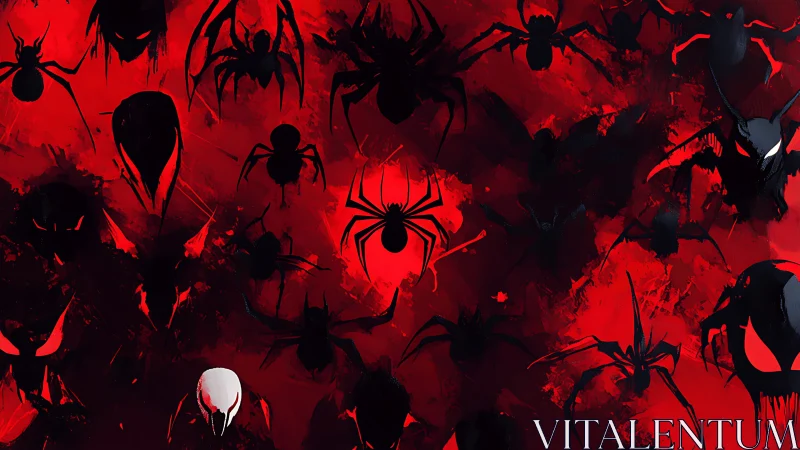 Silhouetted spider forms overlay dense red abstract background