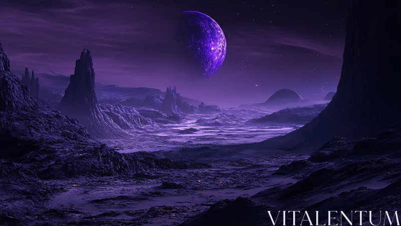 Purple alien landscape with rocky terrain and distant planet.