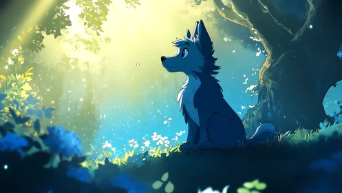 Forest dawn hush with a hopeful blue wolf and drifting light.
