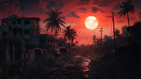 Blood-red dusk illuminates decayed tropical street in silhouette