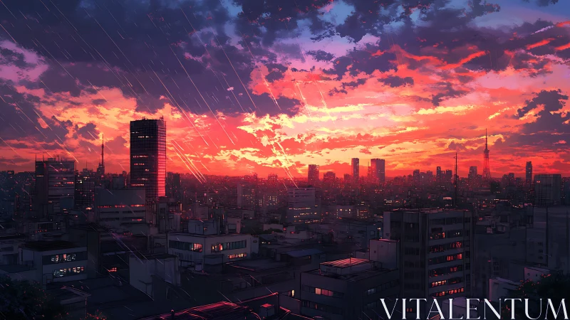 Anime urban skyline at rain-soaked neon sunset horizon study.