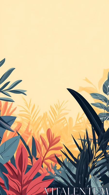 Stylized tropical foliage frames a warm negative space field