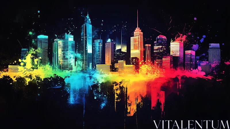 Abstract neon city skyline with multicolor paint splashes.