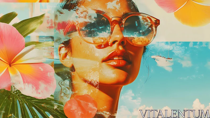 Vibrant tropical collage with woman in reflective sunglasses.