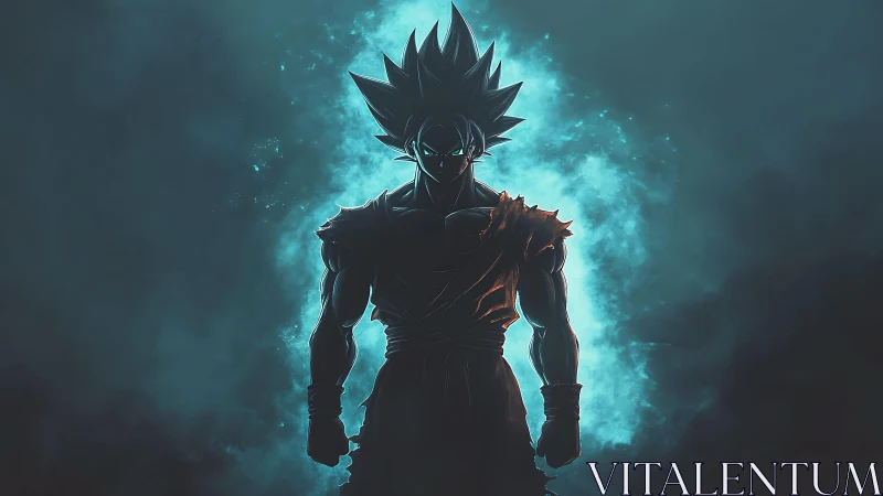 Silhouetted warrior ignites within a glowing blue energy storm.