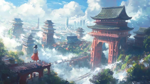 Skybridge city with soaring red temples above clouds.