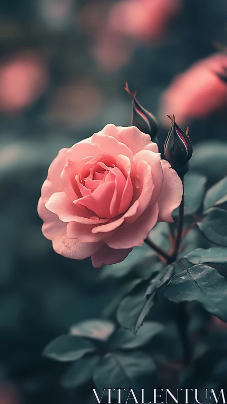 Soft Pink Rose Blooming Among Garden Foliage