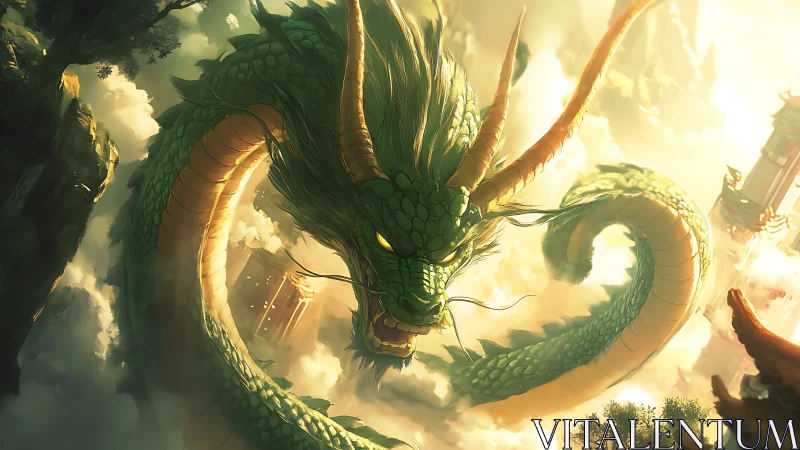 Serpentine jade dragon coils through sunlit clouds above temples