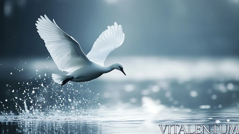 Graceful white heron taking flight over tranquil lake at dawn.