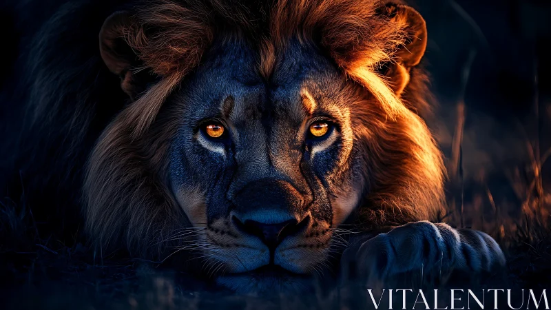 Low key lion portrait with dramatic rim lighting focus.