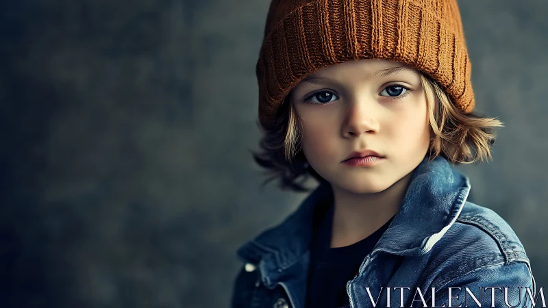 Child Portrait in Ochre Beanie and Denim Jacket