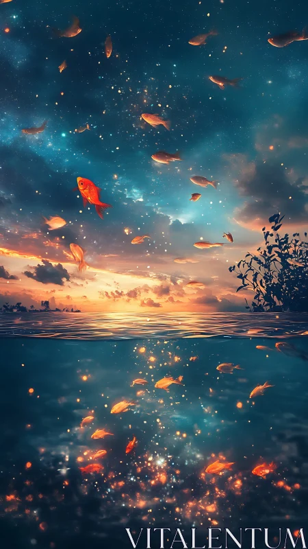 Goldfish drift through twilight sky above glowing sea