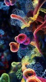 Neon cellular structures twist through lattice-like networks.