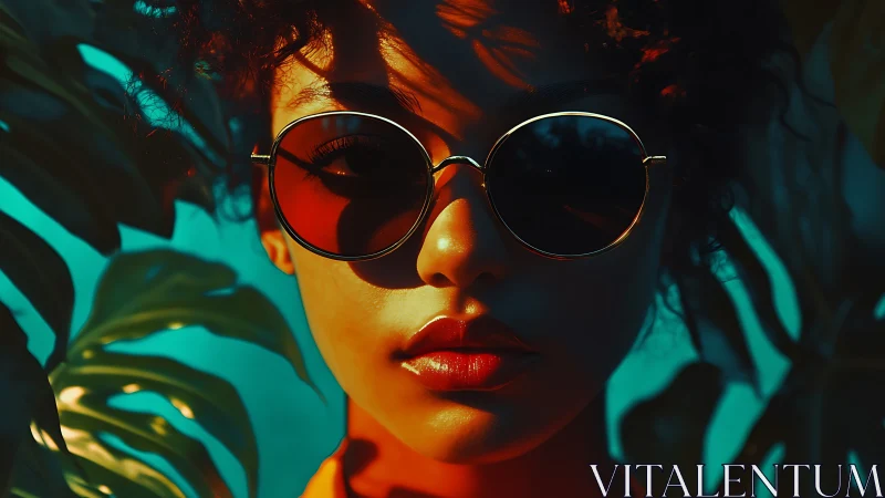 Sun-drenched muse in teal jungle glow and amber shades.