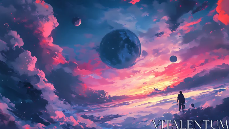 Lone figure under vivid alien sky with three planets.