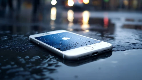 White Smartphone Gleams Against Wet Urban Canvas
