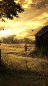 Golden dusk tiptoes past the quiet barn and open field
