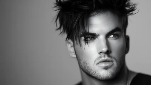 Storm-tousled gaze in monochrome cinematic close-up portrait.
