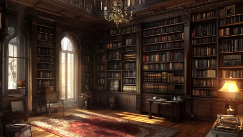 Sunlit mahogany library with ornate chandelier glow.