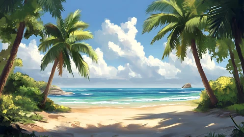Tropical Beach Cove with Palm Trees: Luminous Coastal Landscape Digital Rendering