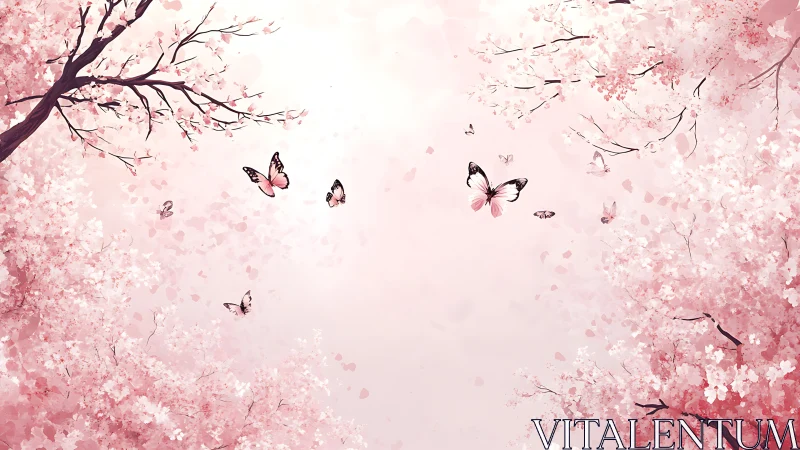 Butterflies drift through soft pink cherry blossoms in spring
