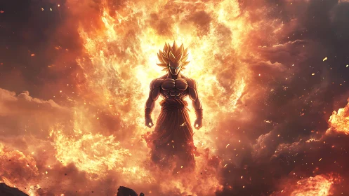Fiery anime warrior standing amid explosive energy storm.