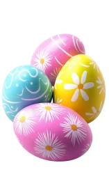 Chromatic floral-patterned eggs under diffuse studio lighting.