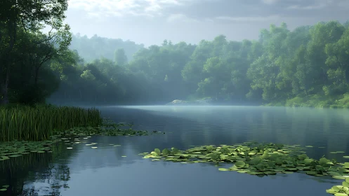 Misty forest lake with reflective water and soft green light.