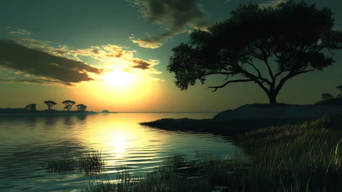 High-contrast lakeside sunset with silhouetted shoreline trees