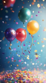 Floating Balloons Against Blue Sky With Confetti.