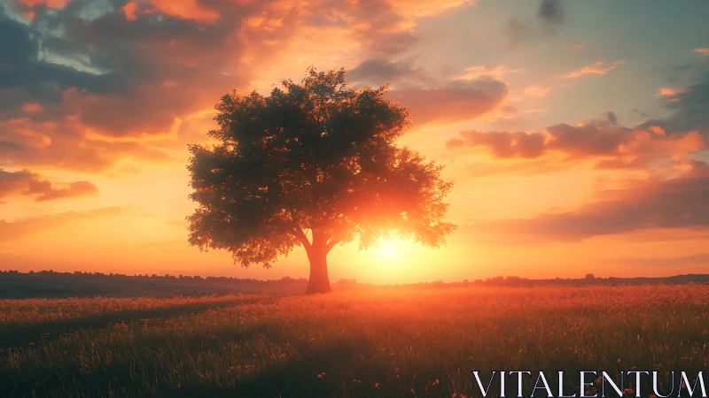Single tree stands in open field against low setting sun