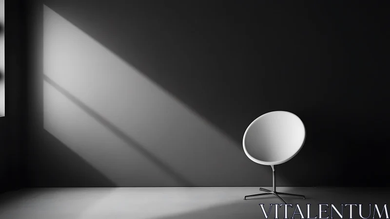 Minimalist white chair rests in dramatic shadowed light